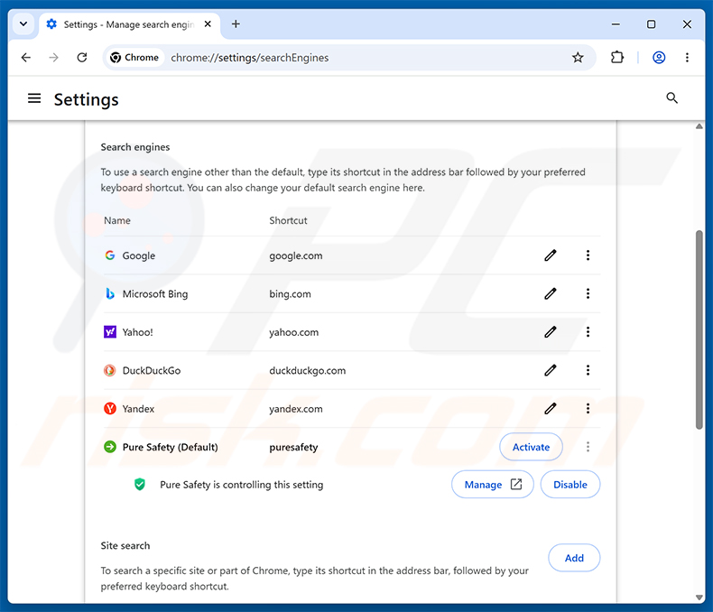 Pure Safety (pureextension.net) verwijderen uit de standaard zoekmachine van Google Chrome