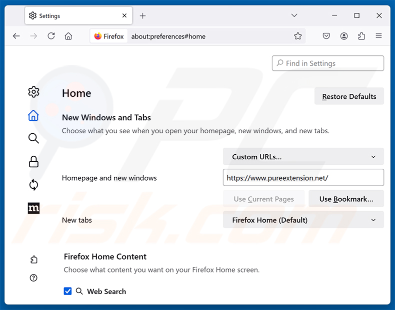 Pure Safety (pureextension.net) verwijderen uit de startpagina van Mozilla Firefox
