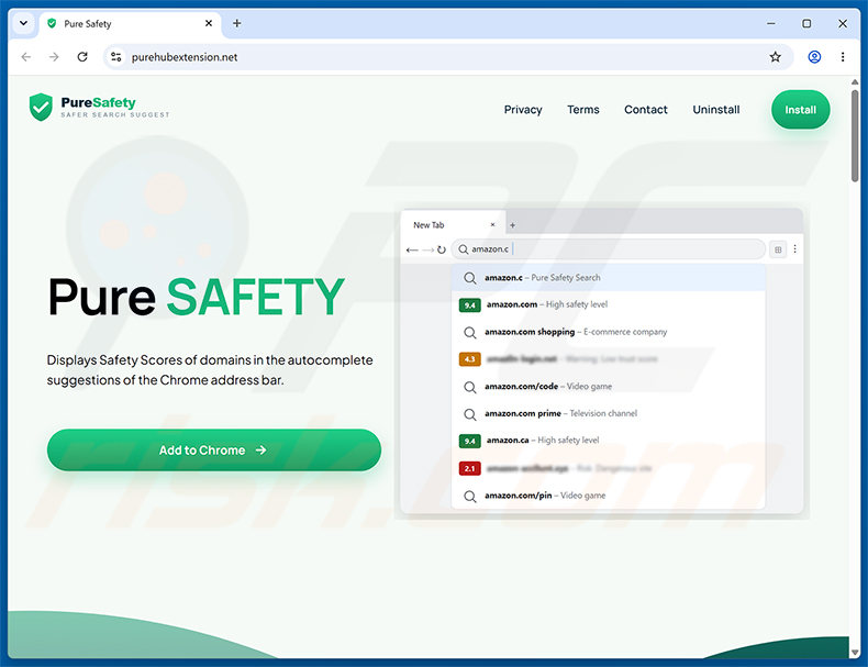 Pure Safety (pureextension.net) browserkaper officiële promotiewebsite (voorbeeld 1)
