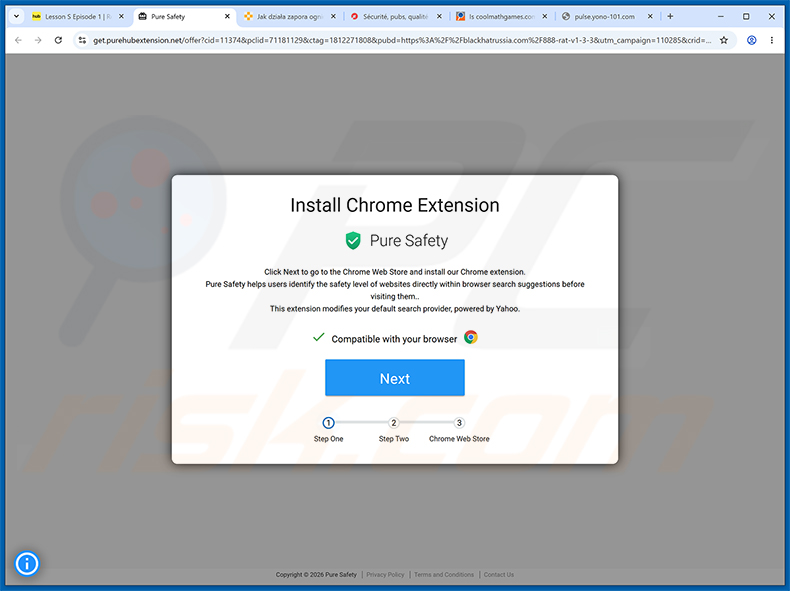 Pure Safety (pureextension.net) browserkaper officiële promotiewebsite (voorbeeld 2)