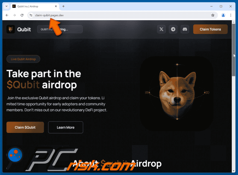 Uiterlijk van $Qubit Airdrop fraude (claim-qubit.pages[.]dev) (GIF)