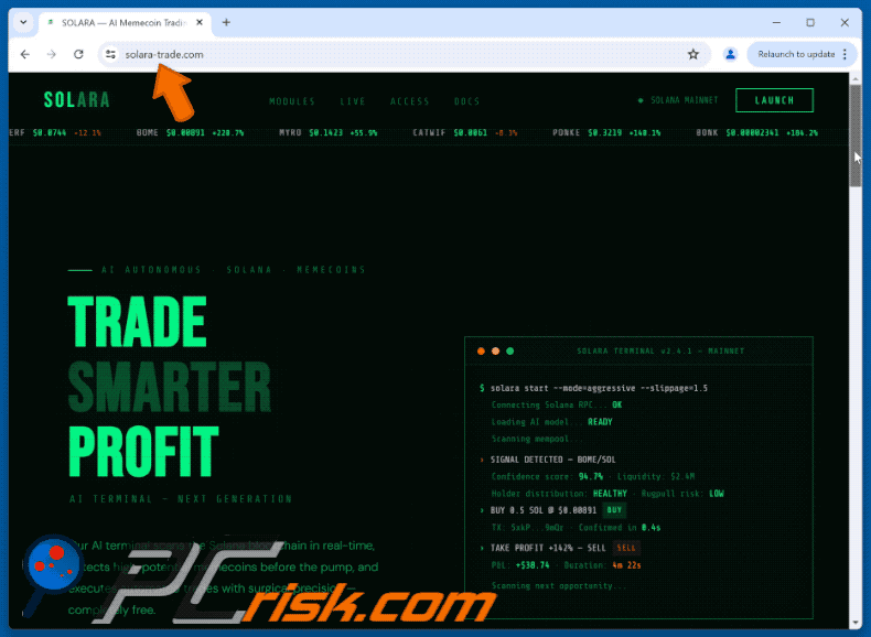 Uiterlijk van SOLARA — AI Memecoin Trading Terminal On Solana fraude (GIF)
