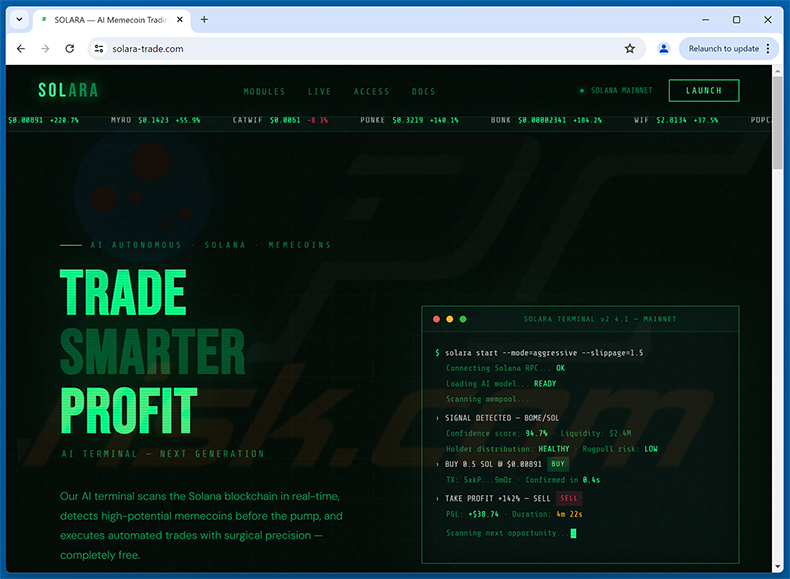 SOLARA — AI Memecoin Trading Terminal On Solana fraude (solara-trade[.]com)