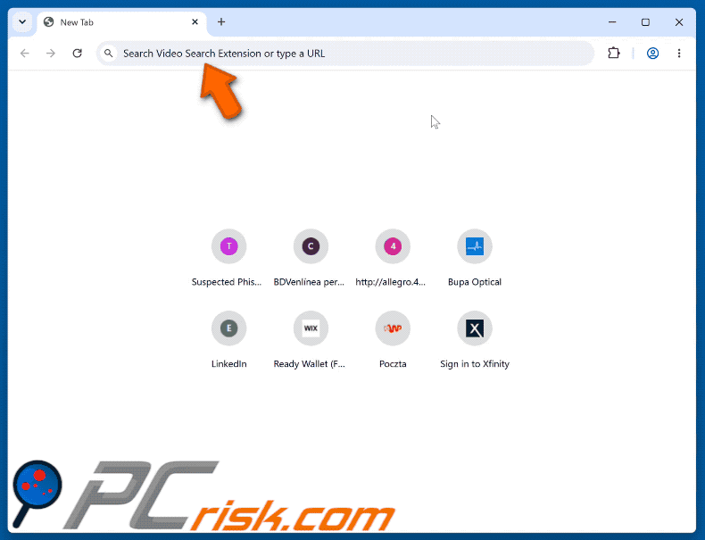 Video Search Extension (myvideolibrary.info) browserkaper die omleidt naar Bing (GIF)