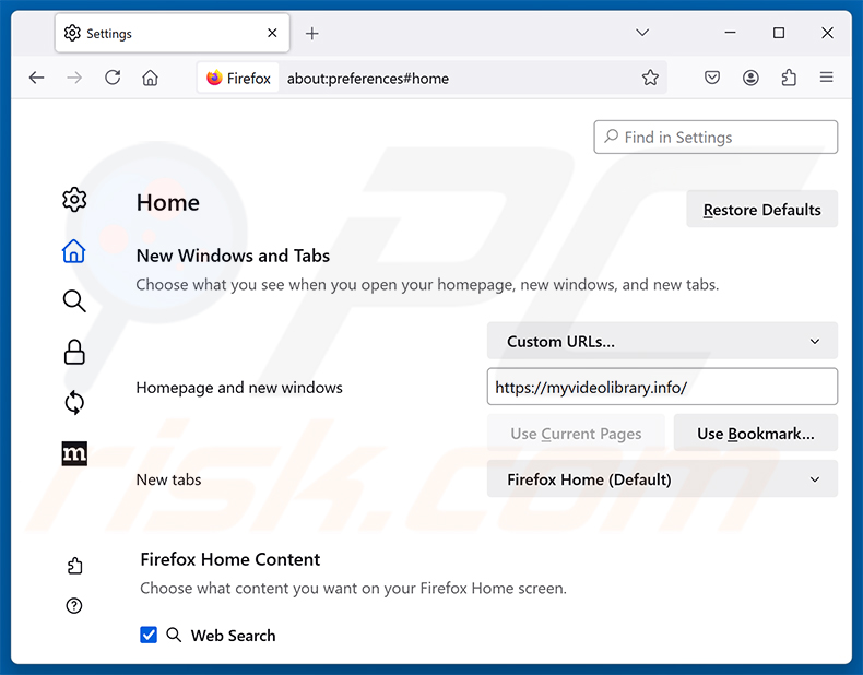 Video Search Extension (myvideolibrary.info) verwijderen uit de startpagina van Mozilla Firefox
