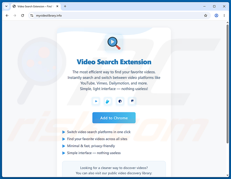Website die de Video Search Extension (myvideolibrary.info) browserkaper promoot