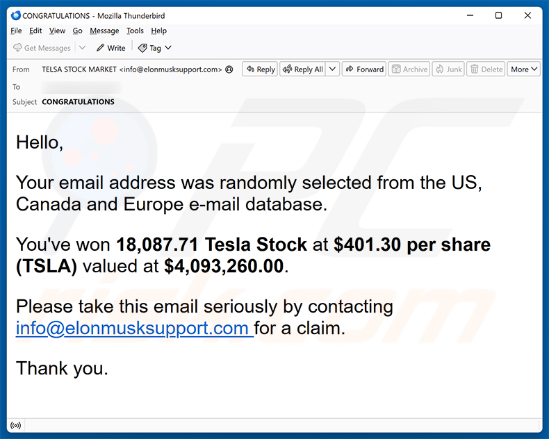 You've Won Tesla Stock e-mailspamcampagne