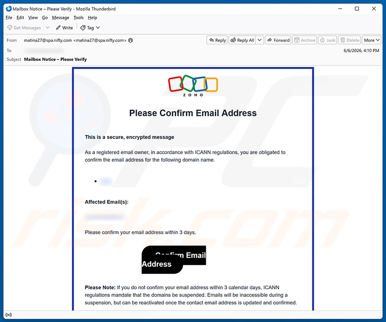 Zoho Email Address Verification Scam e-mail spamcampagne