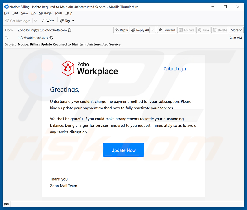 Zoho Workplace Payment Method Update e-mailspamcampagne