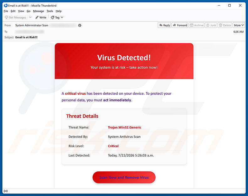 A Critical Virus Has Been Detected On Your Device e-mailfraude spamcampagne