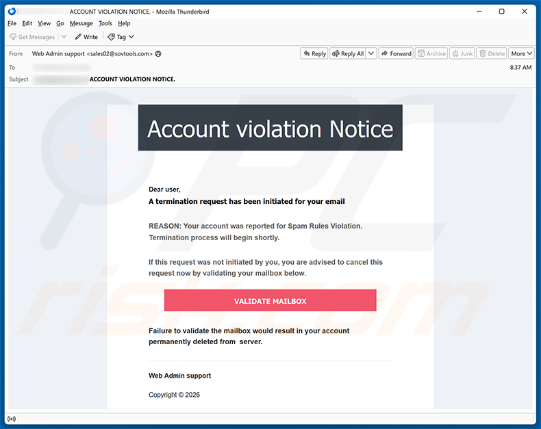 Account Violation Notice spamcampagne per e-mail
