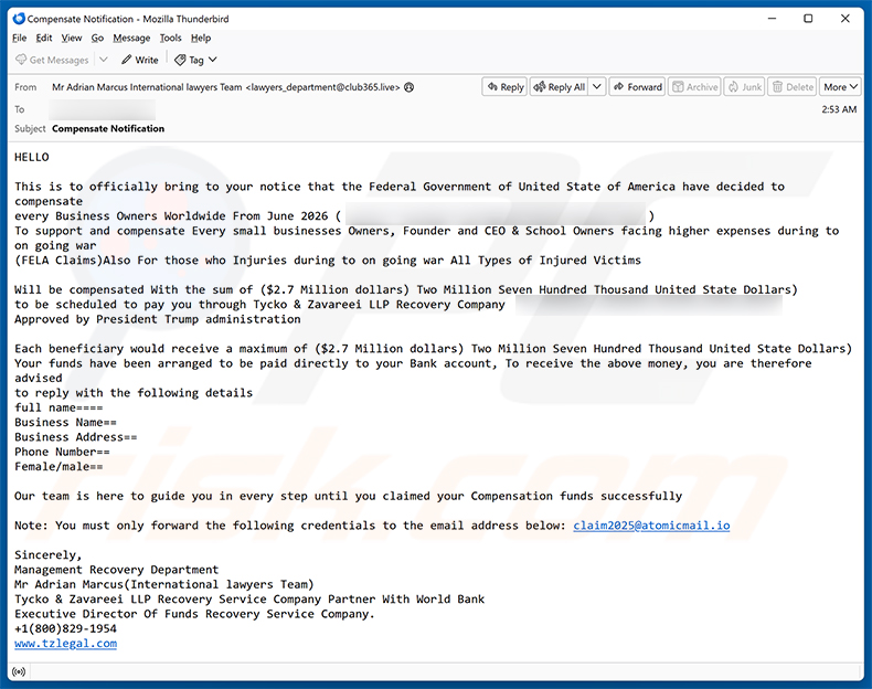 Business Owner Compensation Email Scam e-mailspamcampagne