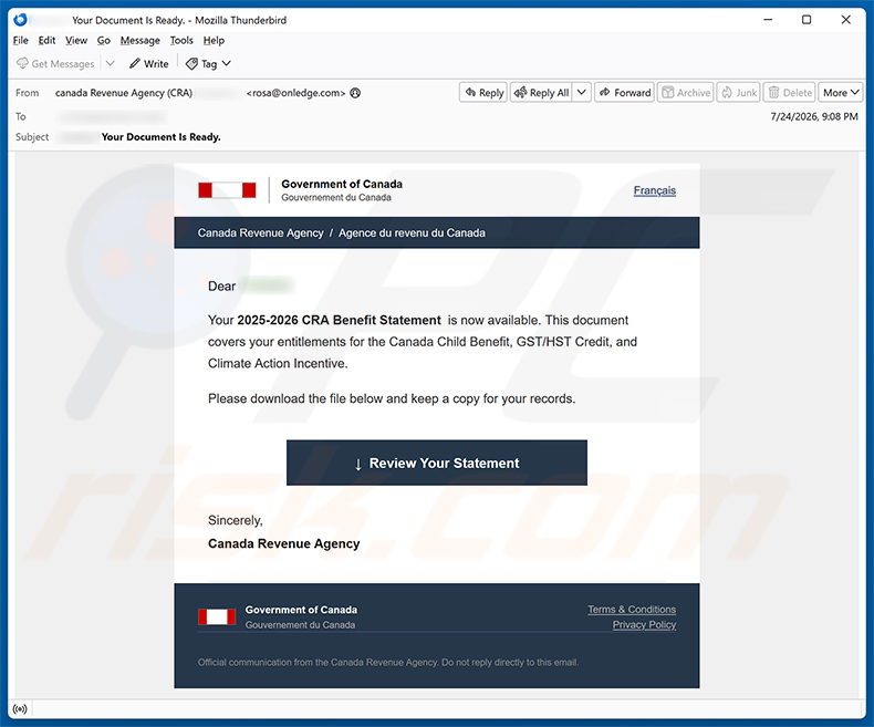 Canada Revenue Agency (CRA) Benefit Statement e-mailspamcampagne