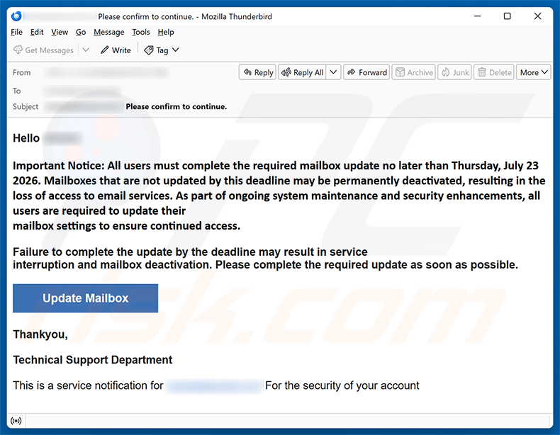 Complete The Required Mailbox Update e-mailfraude spamcampagne