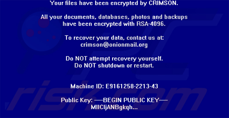 CRIMSON-ransomware losgeldbrief (schermvullend bericht)
