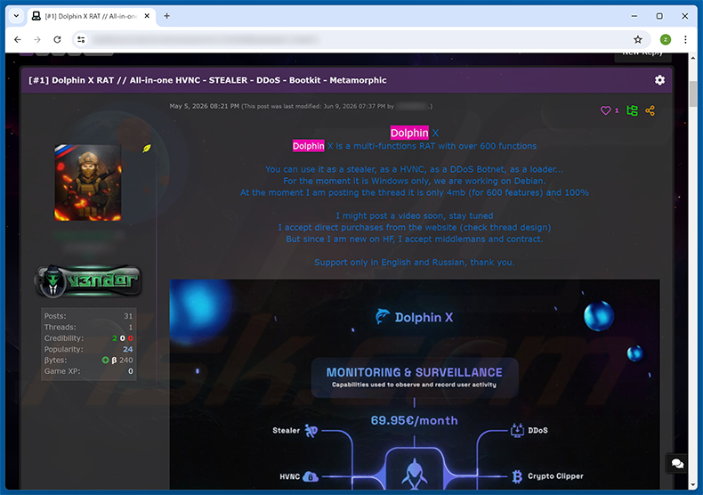 Hackersforumbericht dat Dolphin X RAT promoot