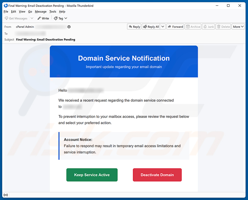 Domain Service Deactivation e-mailspamcampagne