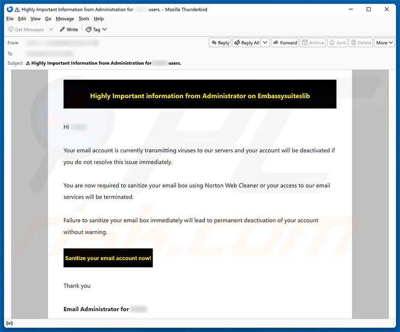 Email Account Is Currently Transmitting Viruses fraude e-mailspamcampagne
