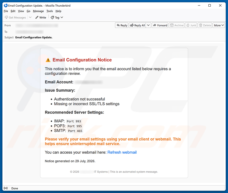 Email Configuration Notice fraude spam-e-mailcampagne