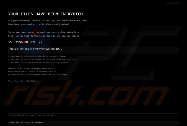 FadeSEC ransomware losgeldbrief (interactief bericht op volledig scherm)