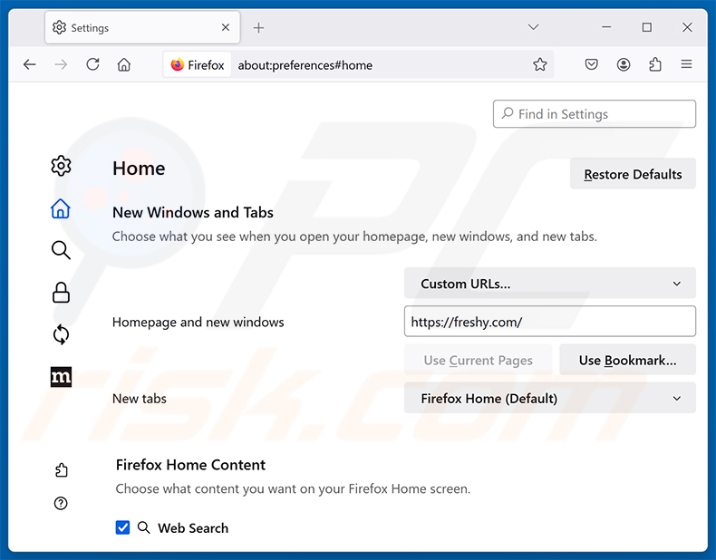 Verwijderen van Freshy Search (freshy.com) uit Mozilla Firefox homepage
