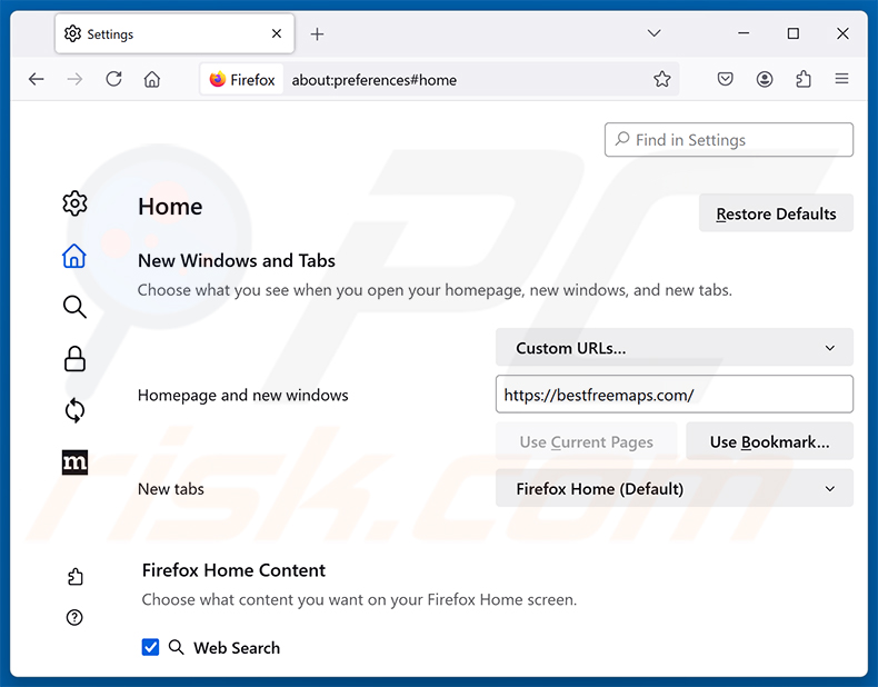 Get Maps & Driving Directions (bestfreemaps.com) verwijderen van de Mozilla Firefox-startpagina