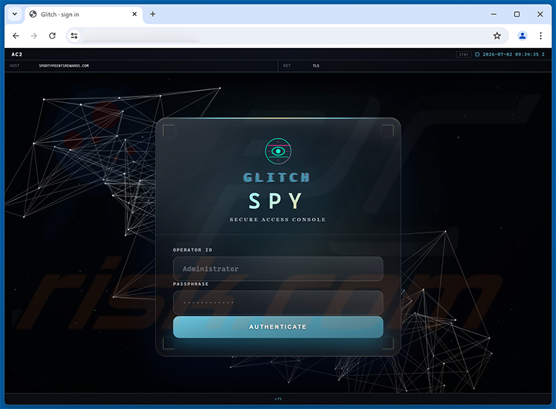 Webbeheerderspaneel van de Glitch SPY RAT