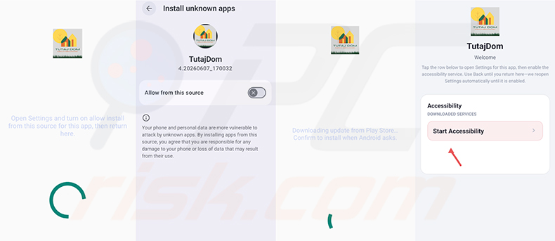 Installatieproces van Glitch SPY RAT - TutajDom nep-app vraagt om machtiging voor onbekende bronnen en toegankelijkheidstoegang