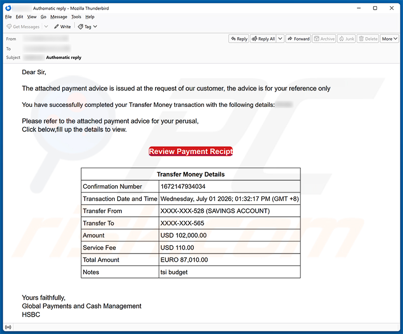 HSBC Money Transfer Completed e-mailfraude e-mailspamcampagne