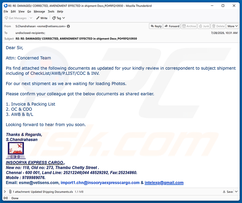 Insoorya Express Cargo Shipment Documents e-mailvirus spamcampagne