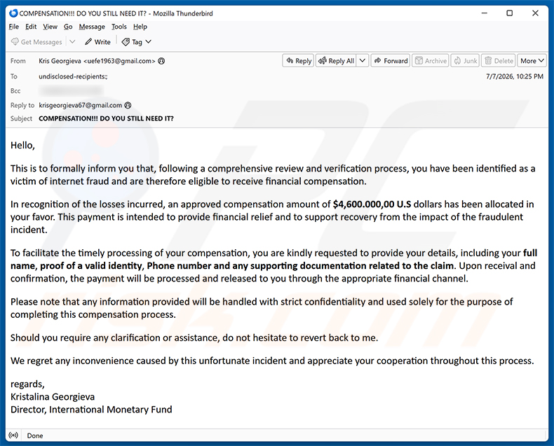 Internet Fraud Victim Compensation e-mailspamcampagne