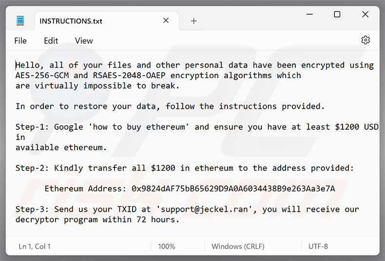 Jeckel ransomware losgeldbrief (INSTRUCTIONS.txt)