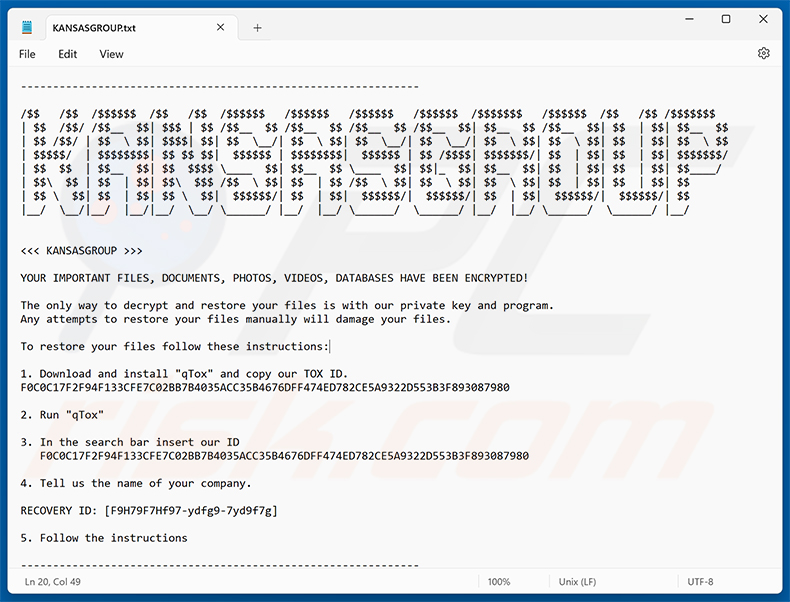 KansasGroup ransomware tekstbestand (KANSASGROUP.txt)