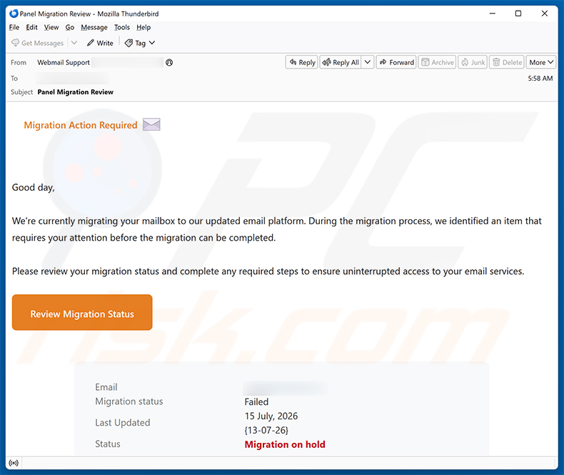 Migration Action Required e-mailspamcampagne