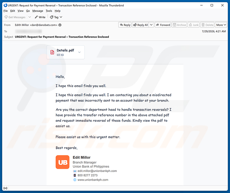 Misdirected Payment Email Scam e-mailspamcampagne