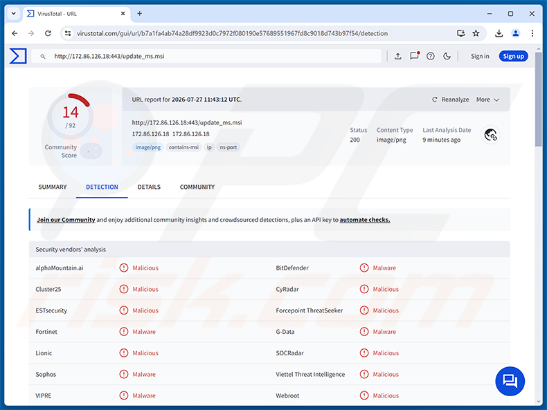 msaRAT RAT-detecties op VirusTotal