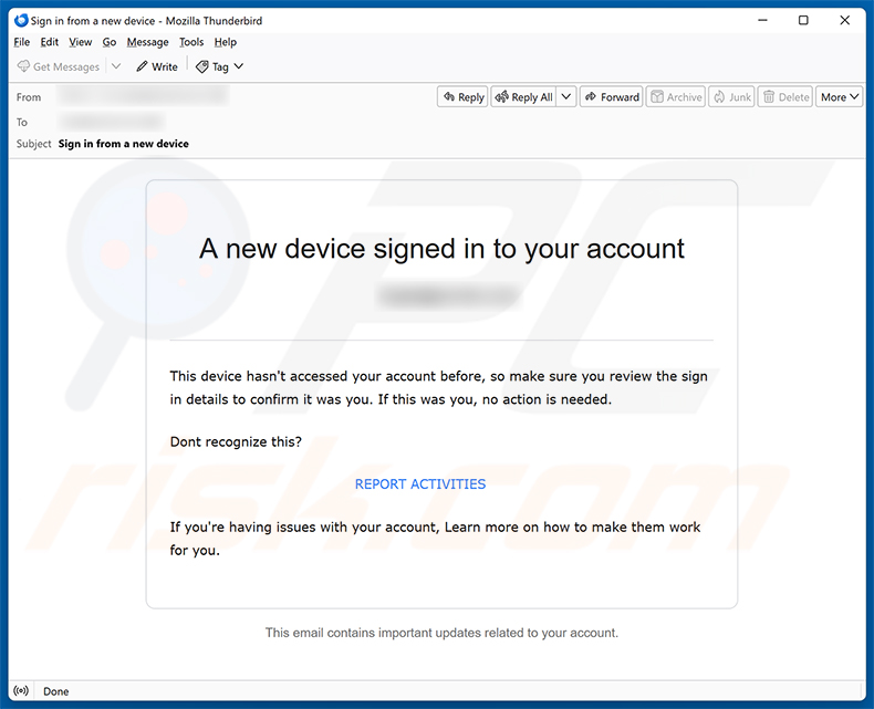 New Device Signed In To Your Account e-mailfraude spamcampagne