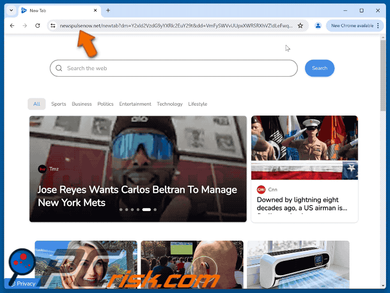 newspulsenow.net browserkaper die omleidt naar Yahoo (GIF)