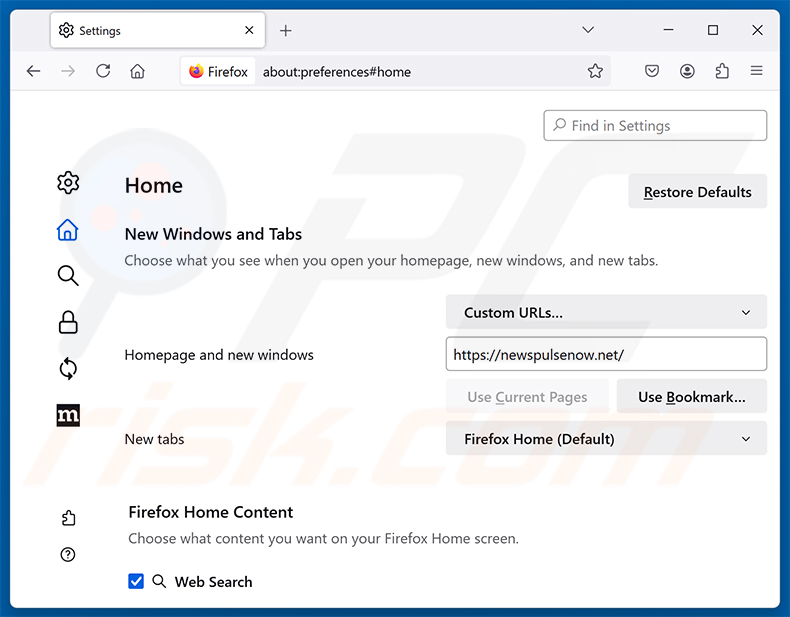 newspulsenow.net verwijderen uit de startpagina van Mozilla Firefox