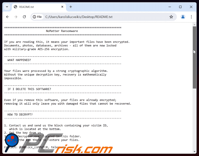 NoMatter ransomware losgeldbrief (README.txt)