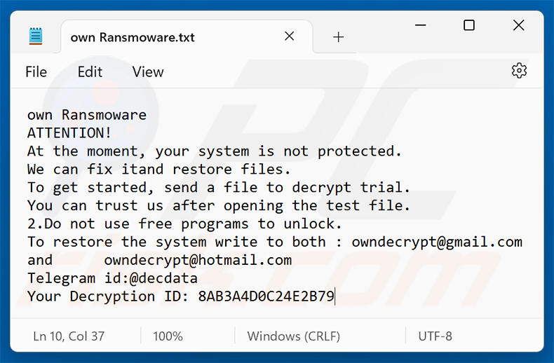 Losgeldbrief van Own Ransomware ransomware (own Ransomware.txt)