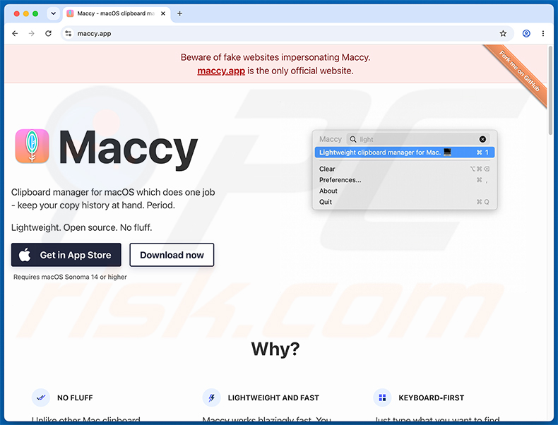 Officiële Maccy-website die waarschuwt voor nepwebsites