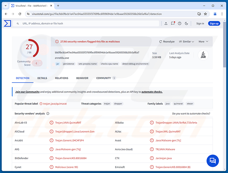 QuimaRAT malware-detecties op VirusTotal