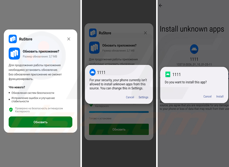 RedWing-spyware verspreid via een valse RuStore-update en het activeren van de Android-melding 'Onbekende apps installeren'
