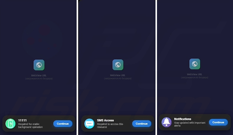 Door de RedWing-spyware-builder gegenereerde machtigingsverzoekschermen voor het omzeilen van batterijoptimalisatie, sms-toegang en meldingen