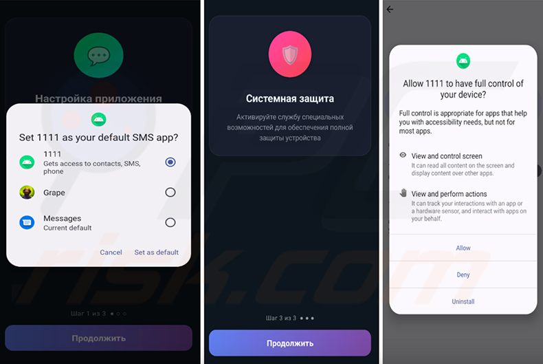 RedWing-spyware-machtigingsinstallatiewizard die toegang vraagt tot de standaard-sms-app, Accessibility Services en apparaatbeheerdersprivileges
