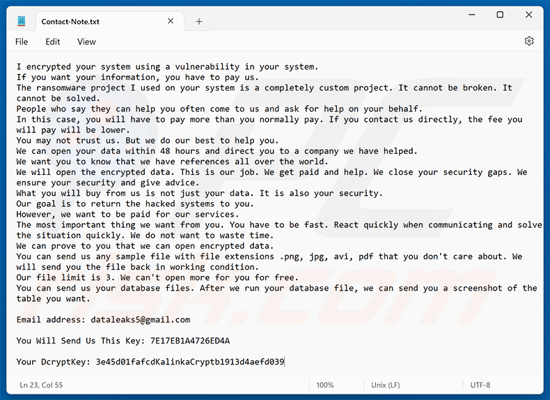 KalinkaCrypt ransomware losgeldbericht (Contact-Note.txt)