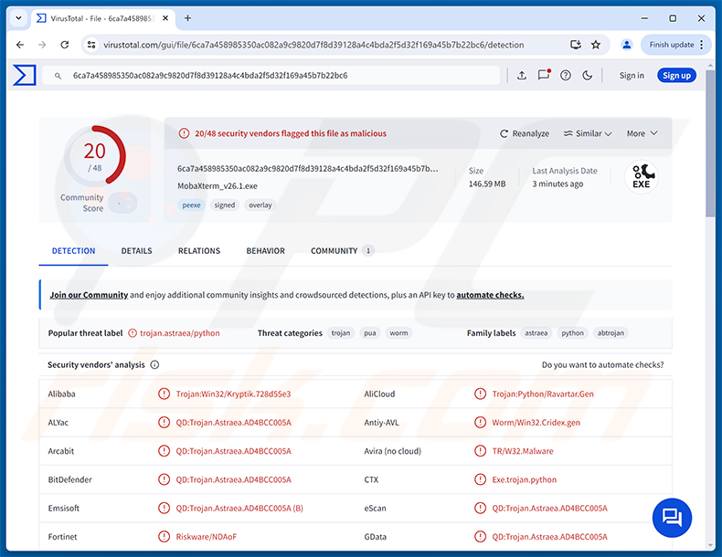 Starland RAT-malwaredetecties op VirusTotal