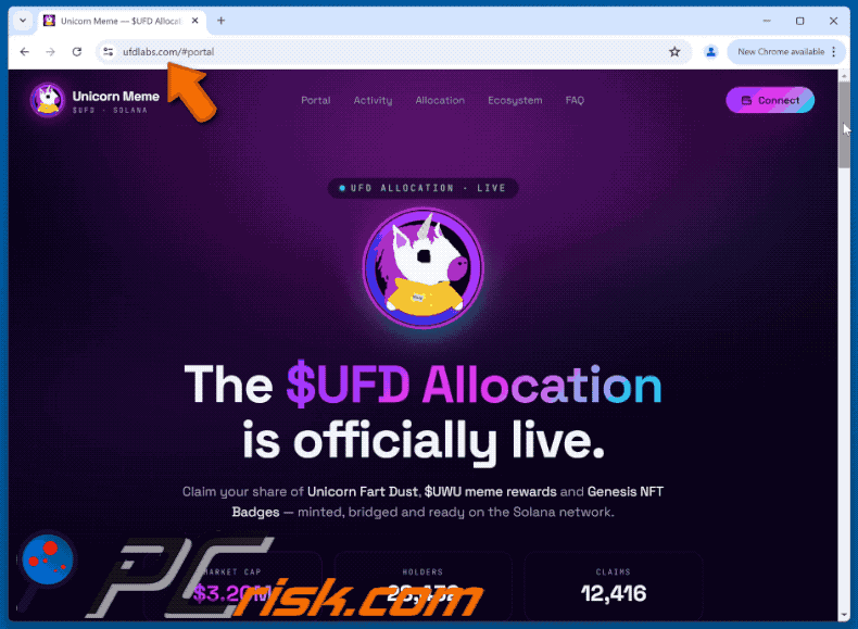Uiterlijk van Unicorn Fart Dust ($UFD) Allocation Scam (GIF) (ufdlabs[.]com)
