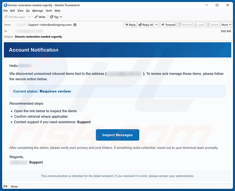 Unresolved Inbound Items Email Scam e-mailspamcampagne